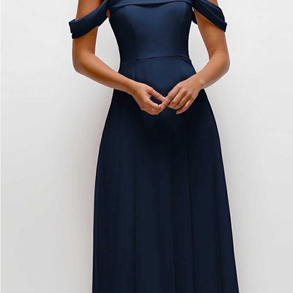 Dessy OFF-THE-SHOULDER DRAPED NECKLINE MAXI DRESS IN MIDNIGHT NAVY